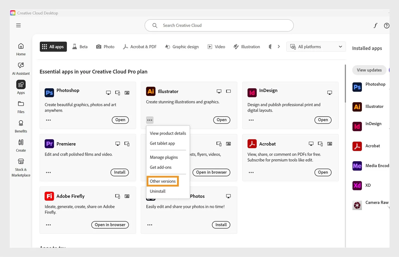 Lựa chọn Other versions của ứng dụng trong Creative Cloud
