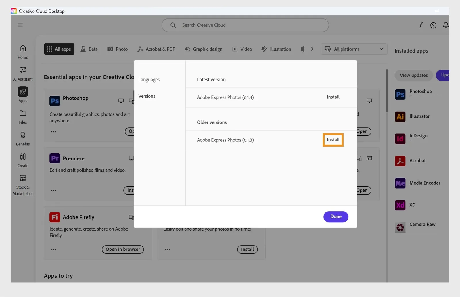 Nút Install cạnh phiên bản trong Creative Cloud