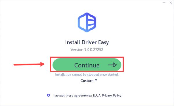 Nút Continue trong trình cài Driver Easy