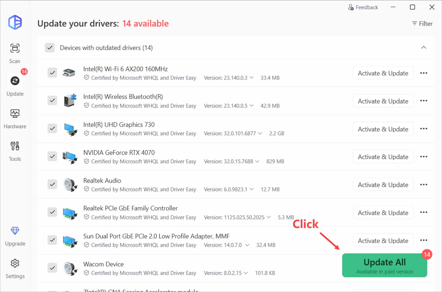 Danh sách trình điều khiển trong Driver Easy