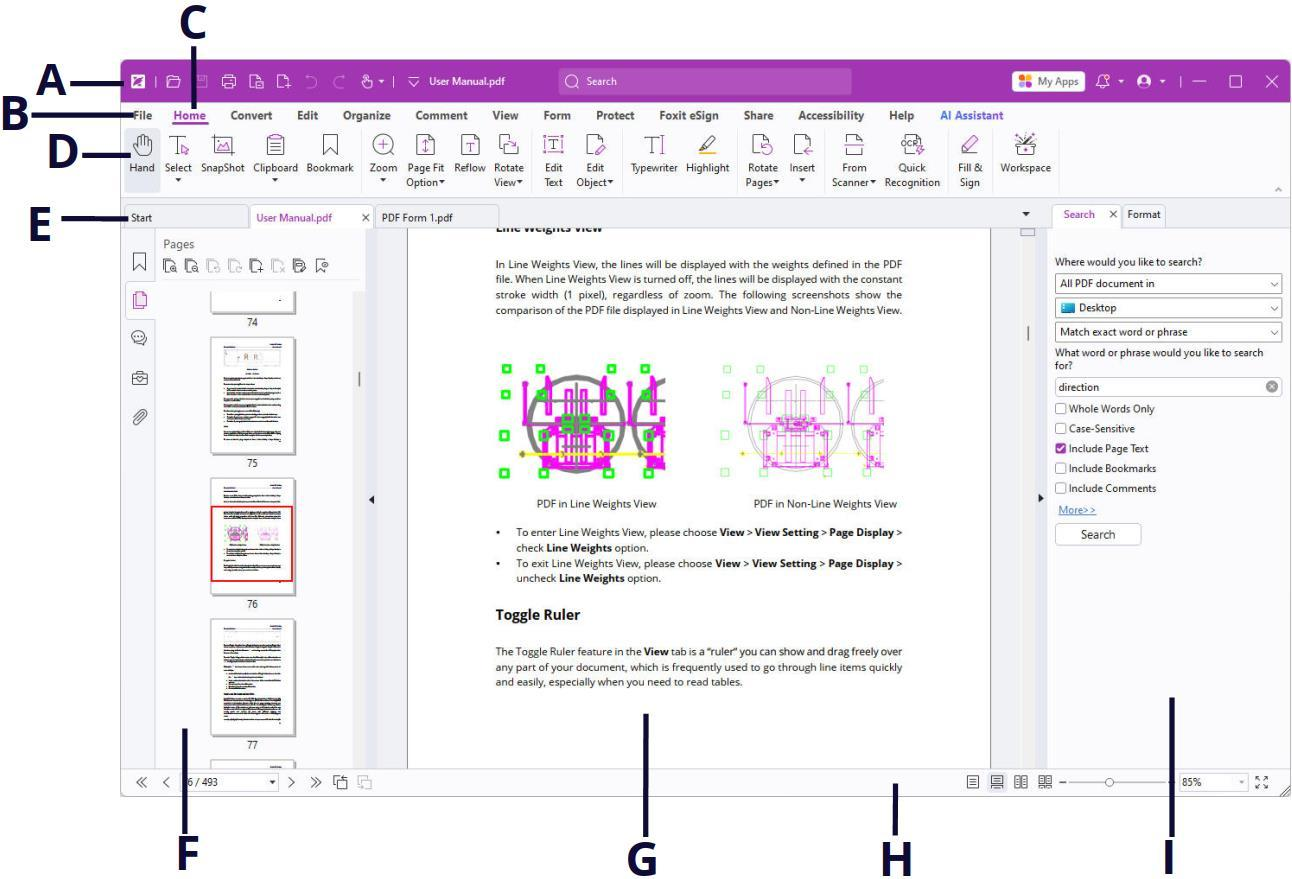 Giao diện Foxit PDF Editor và các vùng công cụ