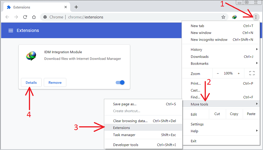 Mở trang tiện ích Chrome để kiểm tra IDM Integration Module