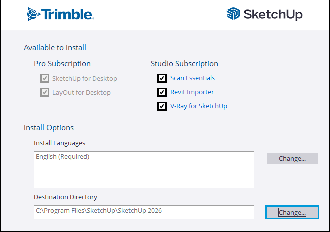 Các lựa chọn thành phần trong bộ cài SketchUp