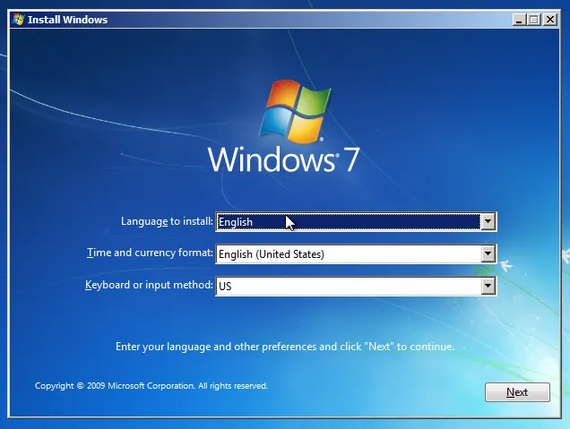 Màn hình Install now của Windows 7