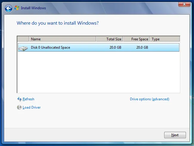 Màn hình chọn phân vùng cài Windows 7